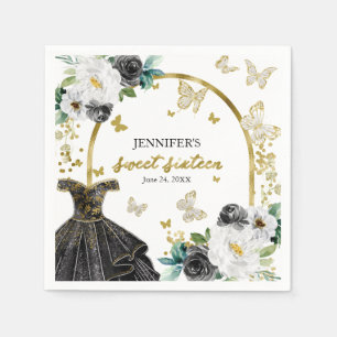 Serviette En Papier Robe papillon noire dorée florale 16 ans douce