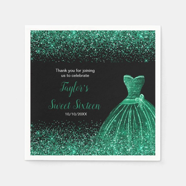 Serviette En Papier Robe Vert foncé Faux Parties scintillant Douce 16  (Devant)