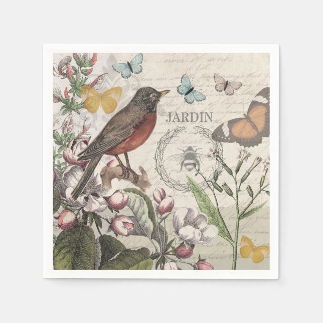 Serviette En Papier Robin Elegant Bird Butterfly French Art (Devant)
