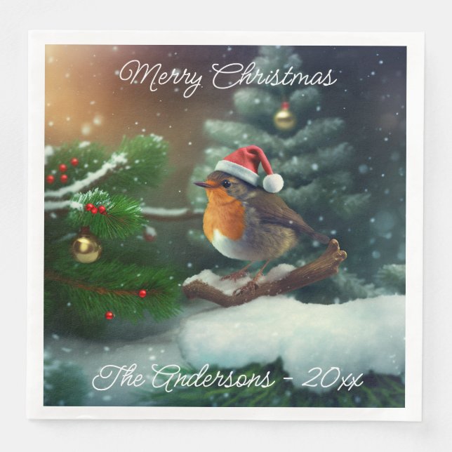 Serviette En Papier Robin Père Noël sur mesure sur une serviette d'arb (Devant)