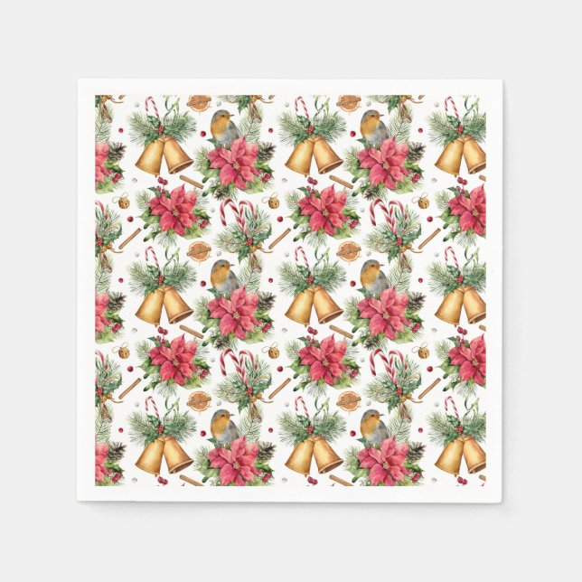 Serviette En Papier Robin Rouge Poinsettia Bells Noël (Devant)
