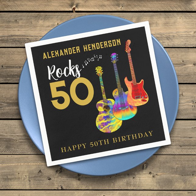 Serviette En Papier Rock and Roll 50e fête d'anniversaire (Rock and roll 50th birthday party napkin for him funky guitars cool gold typography on Black)