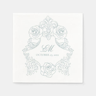 Serviette En Papier Rococo Crest Monogramme Dusty Blue Mariage Logo