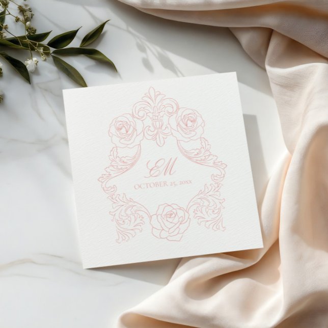 Serviette En Papier Rococo Crest Monogramme Mariage rose Logo (Créateur téléchargé)