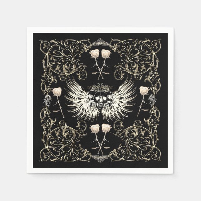 Serviette En Papier Romance gothique victorienne Ailes du crâne et ros (Devant)