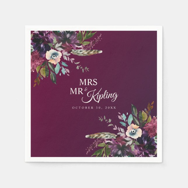 Serviette En Papier Romantic Bourgogne Floral Mr & Mrs Mariage (Devant)