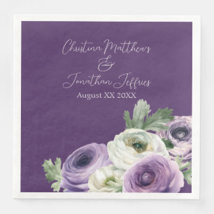 Serviette En Papier Romantic Watercolor Ranunculus on Dark Purple