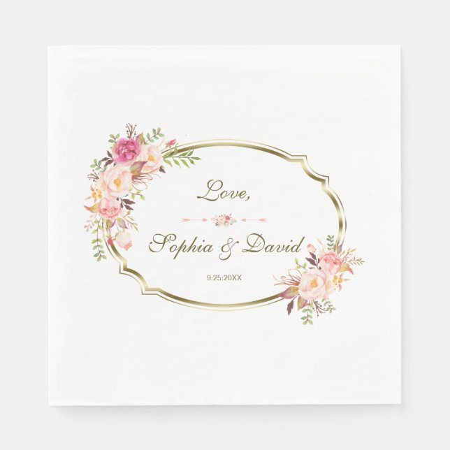 Serviette En Papier Romantique Blush rose Floral Mariage cadre or (Devant)