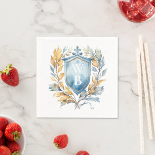 Serviette En Papier Romantique Classique Bleu Monogramme Crest Mariage