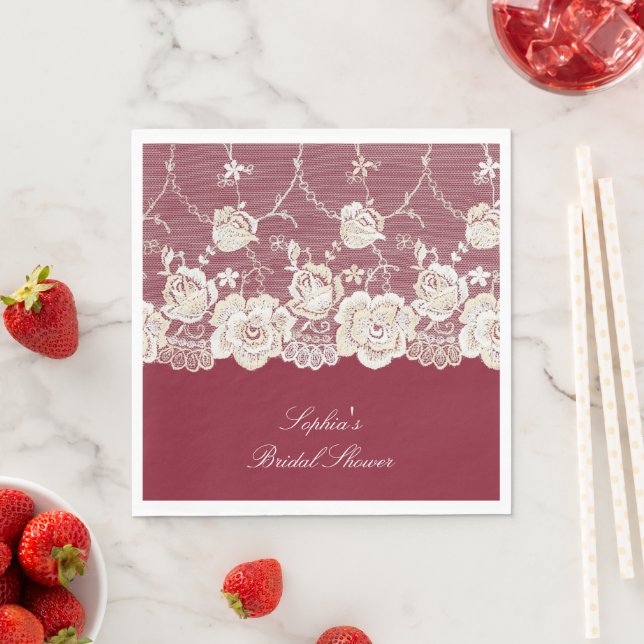 Serviette En Papier Romantique Crème rouge Blanche dentelle Mariage fl (En situation)