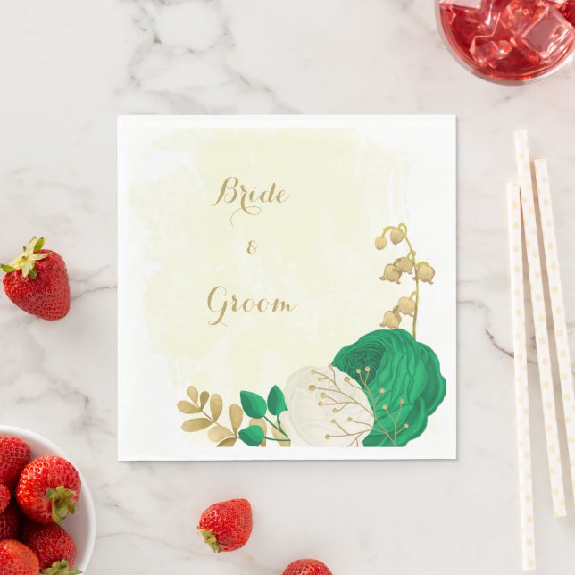 Serviette En Papier Romantique émeraude vert & fleurs blanches or (En situation)