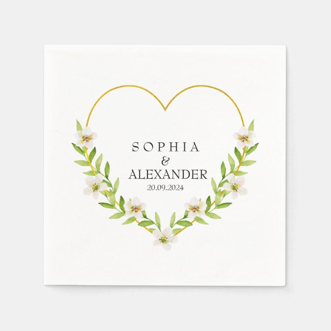 Serviette En Papier Romantique Floral Heart Mariage personnalisable (Devant)