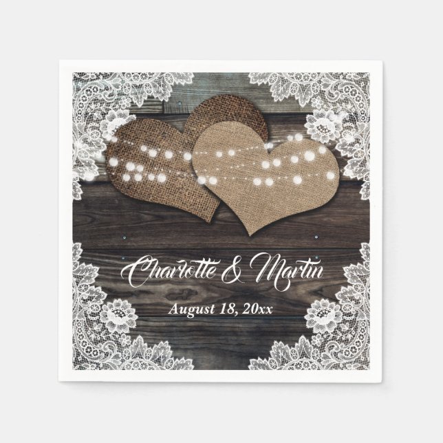 Serviette En Papier Romantique Pays Bois Coeurs Floral Mariage dentell (Devant)