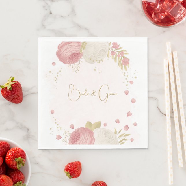Serviette En Papier Romantique rose & fleurs blanches or (En situation)