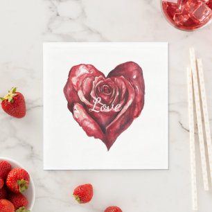 Serviette En Papier Romantique Rose rouge Mariage de coeur floral