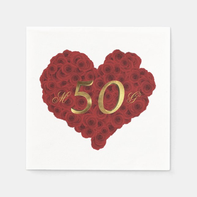 Serviette En Papier Romantique Roses rouges Coeur 50e anniversaire Mar (Devant)