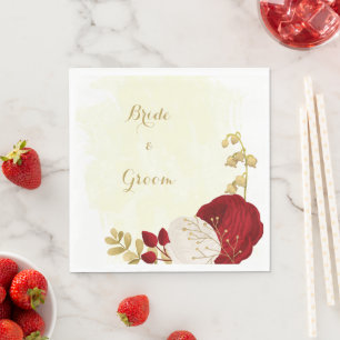 Serviette En Papier Romantique rouge foncé & fleurs blanches or