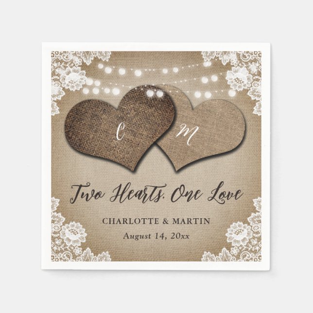 Serviette En Papier Romantique Rustique Burlap et dentelle mariage vin (Devant)