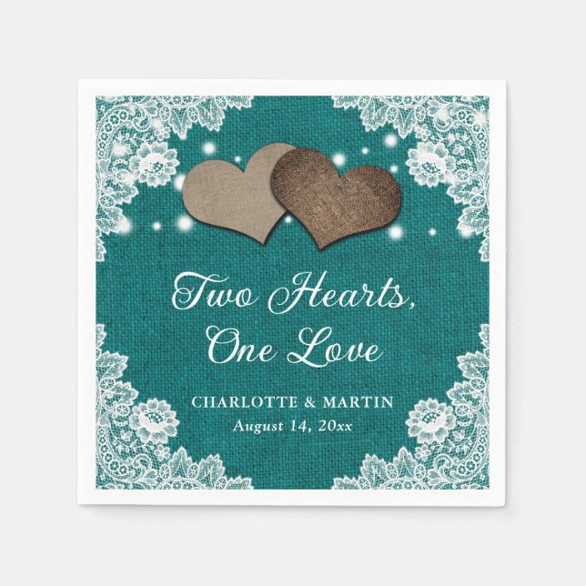 Serviette En Papier Romantique Rustique Burlap et dentelle Turquoise M (Devant)