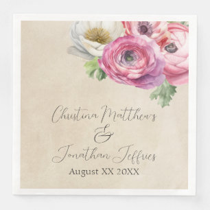 Serviette En Papier Romantique Rustique rose & blanc Ranunculus