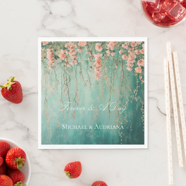 Serviette En Papier Romantique Turquoise Fleurs de Pêche à Brosse Mari (En situation)