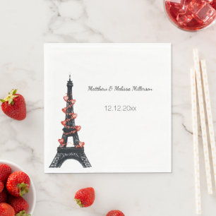 Serviette En Papier Romantique White Red Hearts Tour Eiffel Mariage