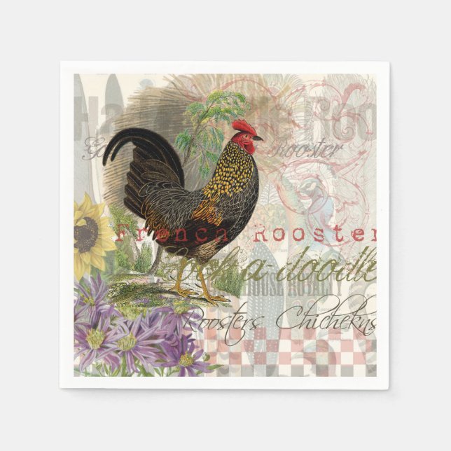 Serviette En Papier Rooster vintage Français Collage Ferme Animaux dom (Devant)