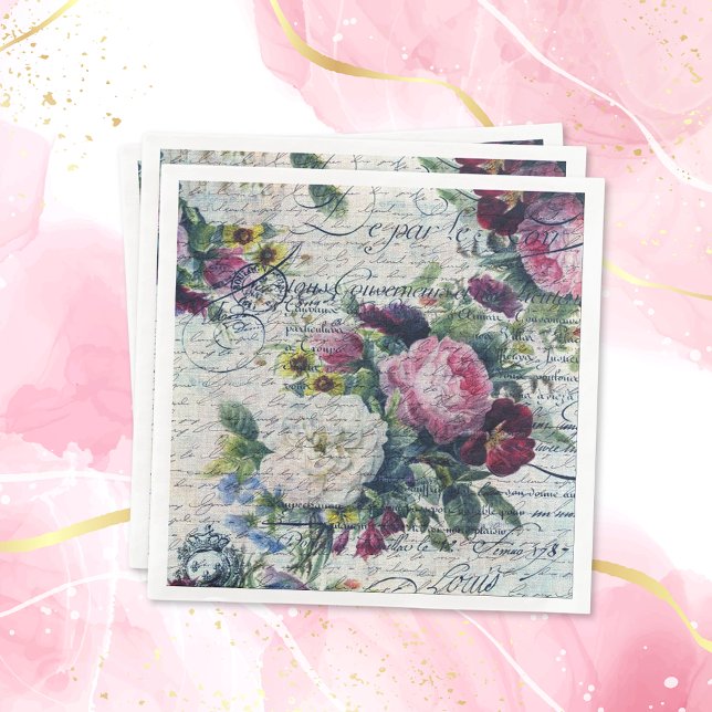 Serviette En Papier Rose anglais Florals Écritures éphémères Découpage (Créateur téléchargé)