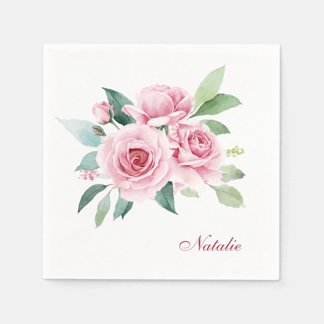 Serviette En Papier Rose aquarelle rose personnalisée (Devant)