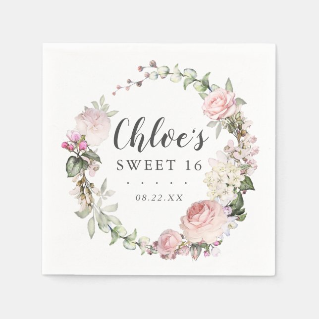 Serviette En Papier Rose Blanc Floral Wreath Sweet 16 Party (Devant)
