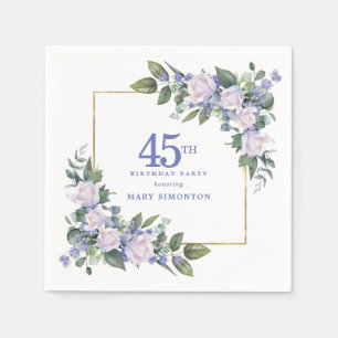 Serviette En Papier Rose Blanche Fleur Bleue Personnalisé 45e Fête d'A