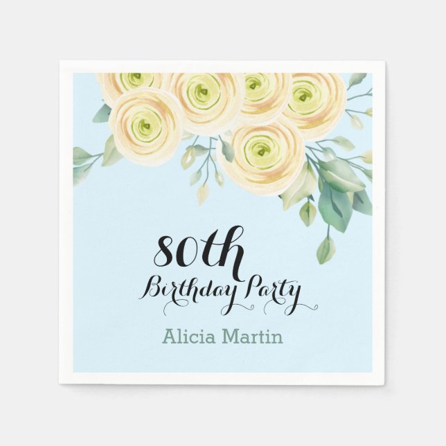 Serviette En Papier Rose blanche Flora Eucalyptus bleu 80e anniversair (Devant)