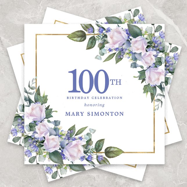 Serviette En Papier Rose blanche Flore bleu Custom 100e fête d'anniver (Créateur téléchargé)