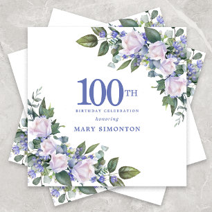 Serviette En Papier Rose blanche Flore bleu Custom 100e fête d'anniver