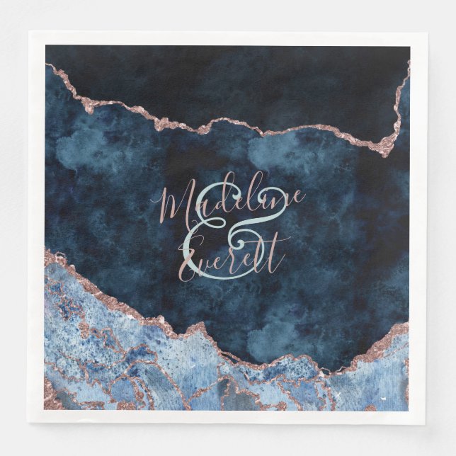 Serviette En Papier Rose bleu marine Gold Agate Marbre Monogramme Mari (Devant)