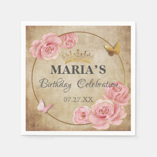 Serviette En Papier Rose Bleu rose papillon Couronne or Quinceanera