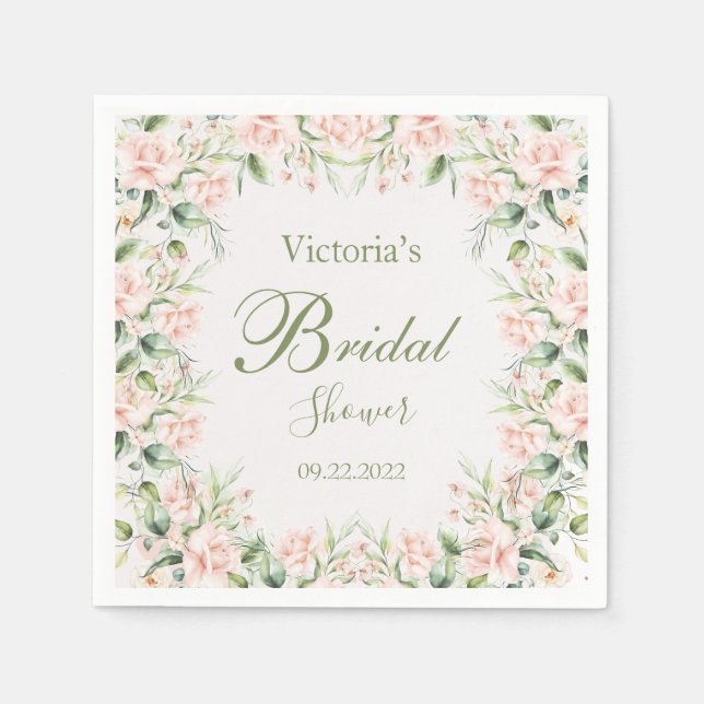Serviette En Papier Rose Blush Floral Élégant Nom Fête des mariées (Devant)