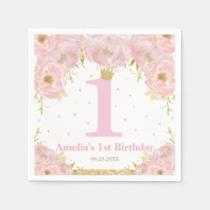 Serviette En Papier Rose Blush Floral Or 1er anniversaire fille prince