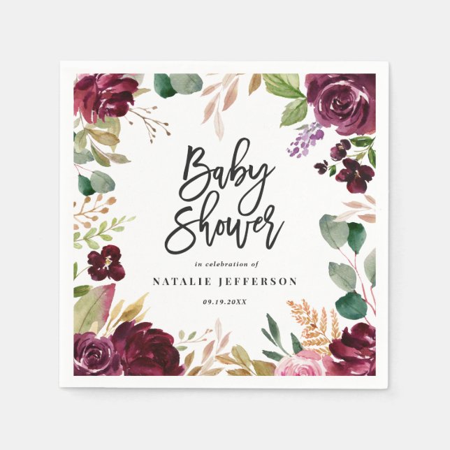 Serviette En Papier Rose, bordeaux + fig aquarelle floral et script (Devant)