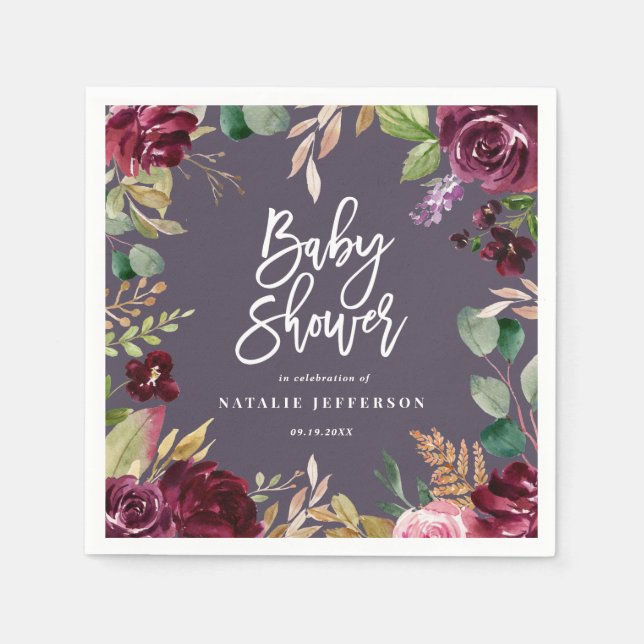 Serviette En Papier Rose, bordeaux + fig aquarelle floral et script (Devant)