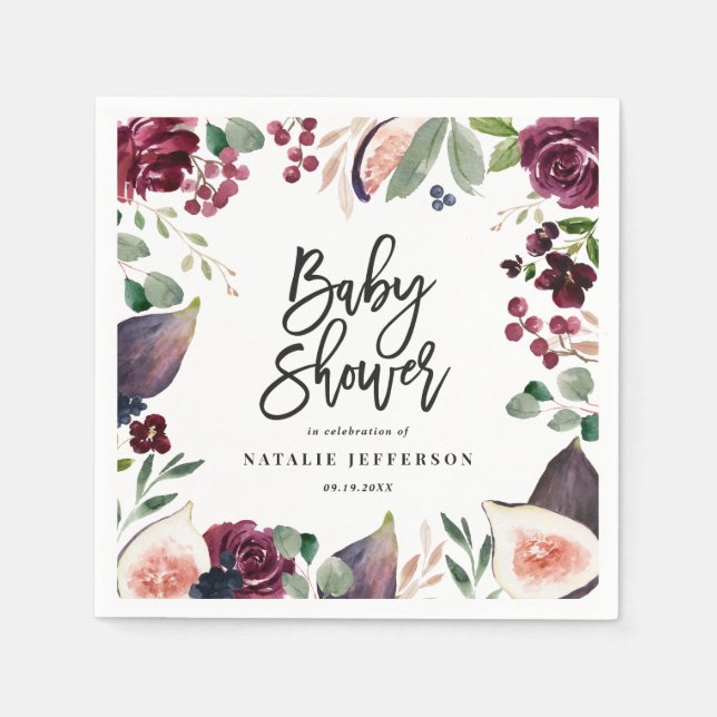 Serviette En Papier Rose, bordeaux + fig aquarelle floral et script (Devant)