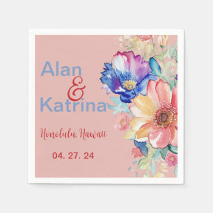 Serviette En Papier Rose Corail Gras Fleur Sauvage Floral Mariage