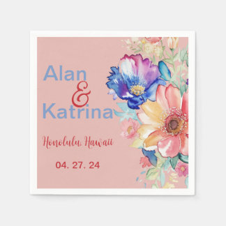 Serviette En Papier Rose Corail Gras Fleur Sauvage Floral Mariage