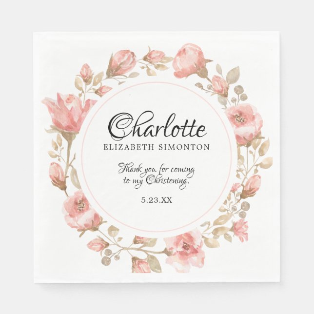 Serviette En Papier Rose d'aquarelle rose Christening personnalisé (Devant)