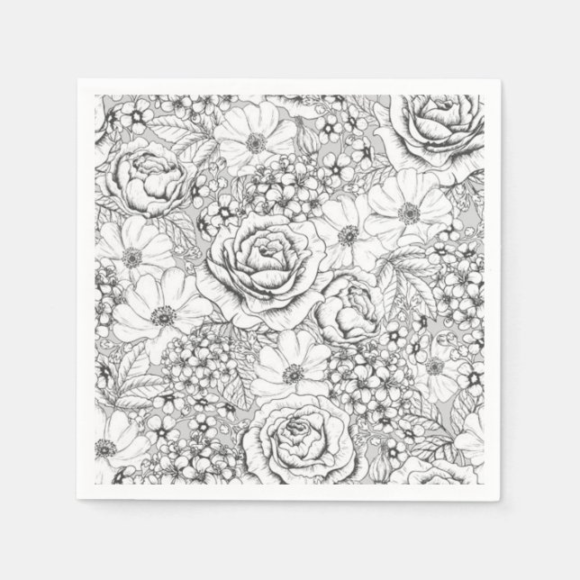 Serviette En Papier Rose de jardin Flower B&W Motif (Devant)