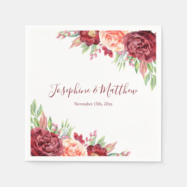Serviette En Papier Rose de Pêche de Bourgogne Aquarelle Mariage Flora (Devant)