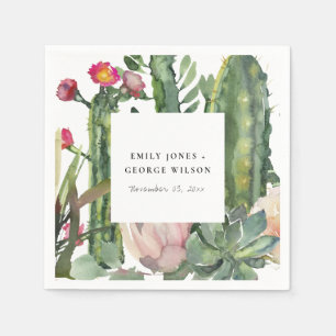 SERVIETTE EN PAPIER ROSE DÉSERT FLORAL CACTI FAUNA MARIAGE D'EAU