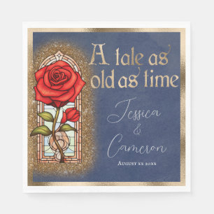 Serviette En Papier Rose en vitrail Beauty and the Beast sur fond bleu