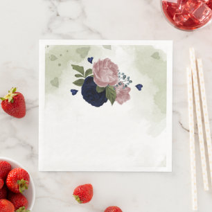 Serviette En Papier rose et bleu marine fleurs verdure