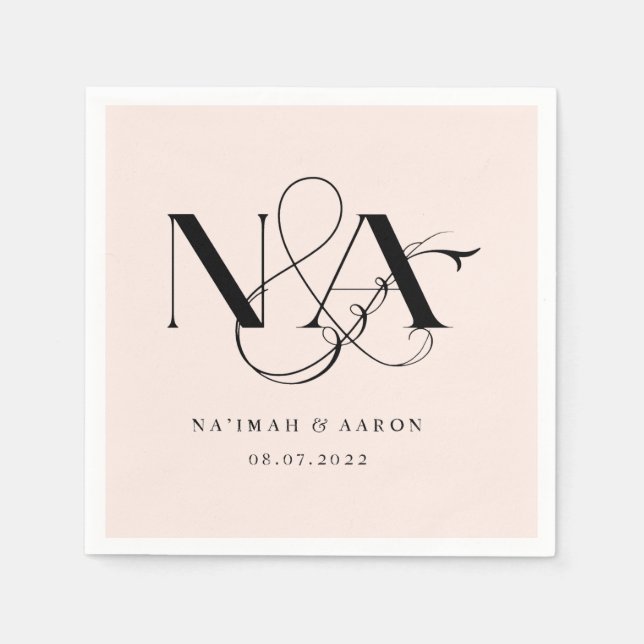 Serviette En Papier Rose et noir | Serviettes Mariage Monogrammes (Devant)
